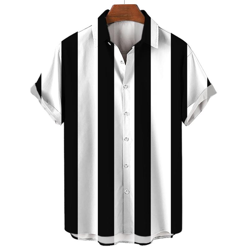 Men's Hawaiian Shirt Summer Stripe Printed Short Sleeved Shirts Lapel Button Large Men Street Clothing Fashion Casual Social Top