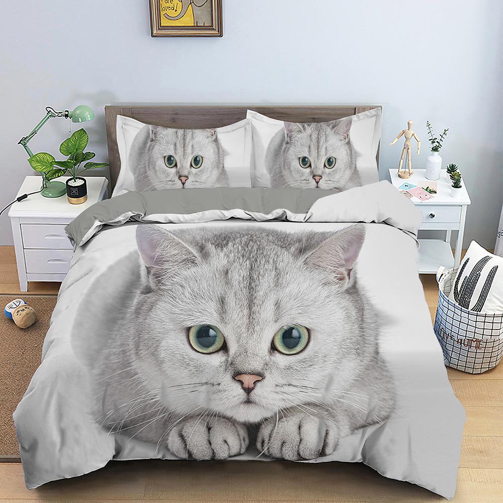 Lovely Cat Queen King Size Bedding Set Microfiber Polyester 3D Print Duvet Cover Set Girls Adults Comforter Cover Cute Animals