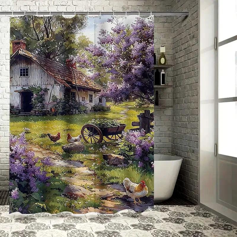 

Rustic Cottage With Chickens And Flowers Waterproof Shower Curtain Heat Resistant Machine Washable Non-Transparent 180X180Cm W60H190(CM)-1 Pcs