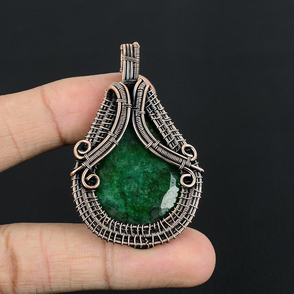 Emerald Pendant, 999 Copper Wire Wrapped Pendant Gemstone Jewelry, Handmade Pendant Amazing Jewelry, Gift For Her