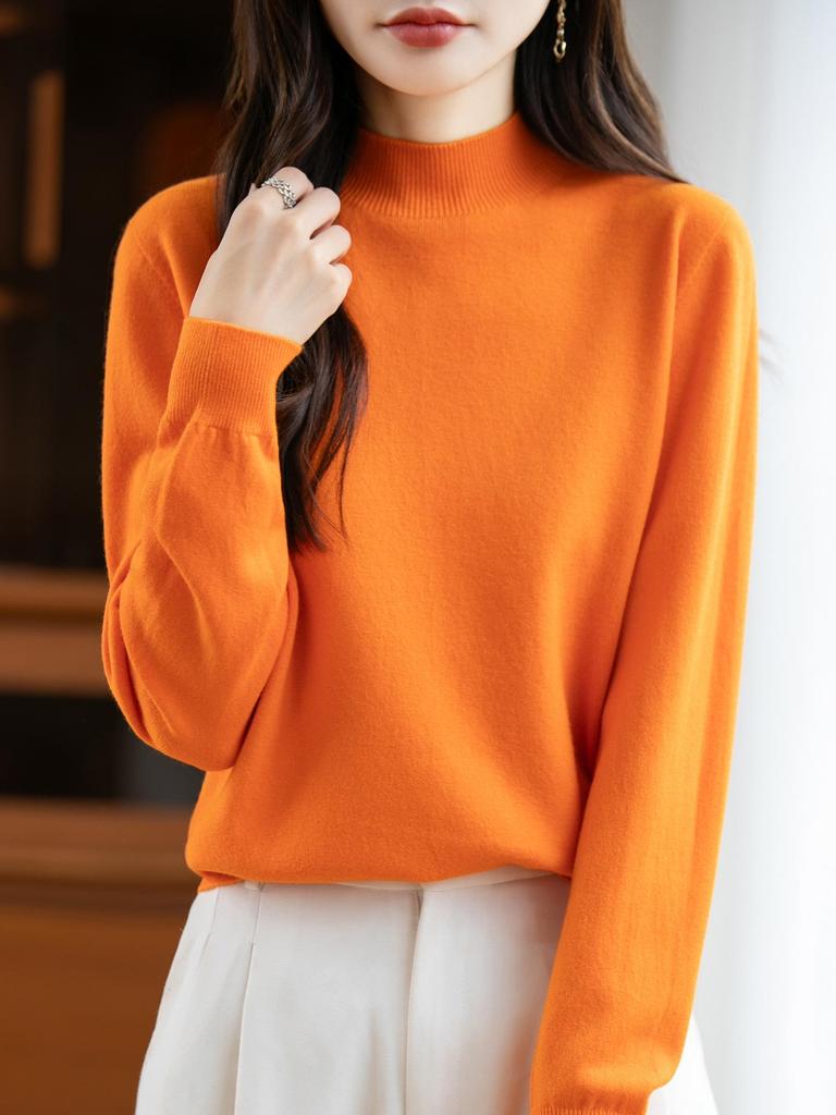Elegant Autumn Velvet Knit Half-High Neck Sweater for Women - Long Sleeve, Loose Fit Pullover