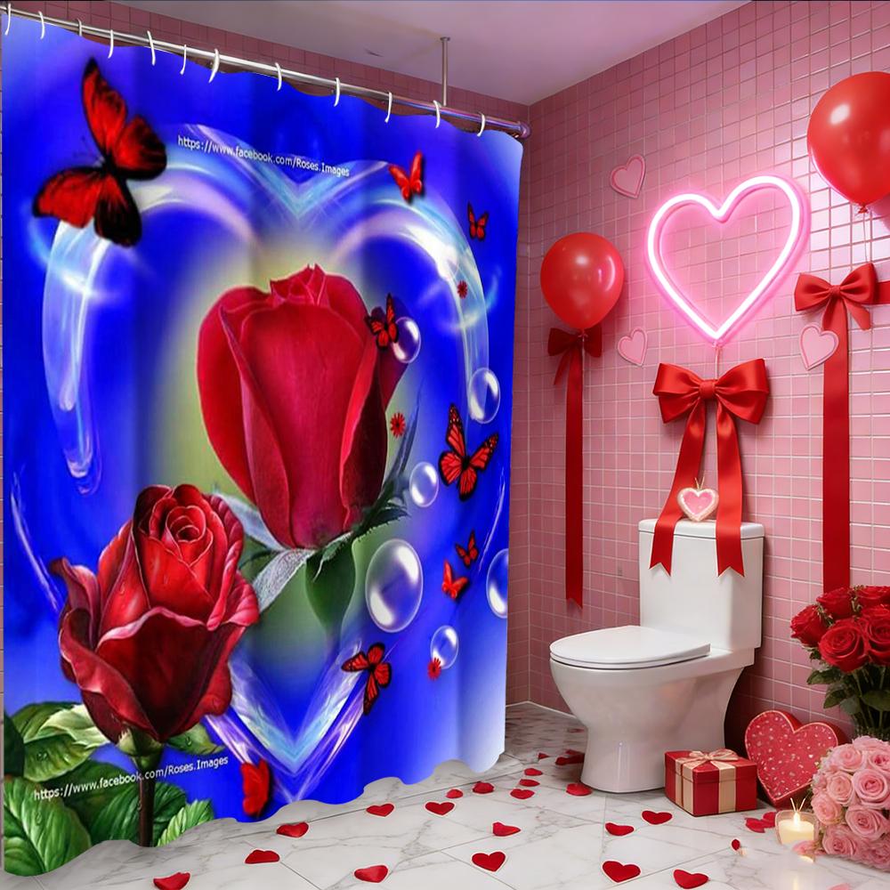 Valentine's Day Love Heart Rose Shower Curtain, Bathroom Shower Waterproof Curtain with 12 Hooks, Fish Shaped Home Decoration