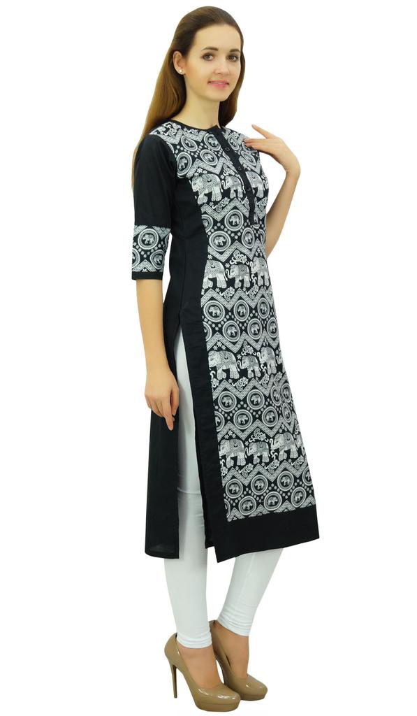 Phagun Women's Designer Straight Black Kurta 3 4 Sleeve Printed Casual