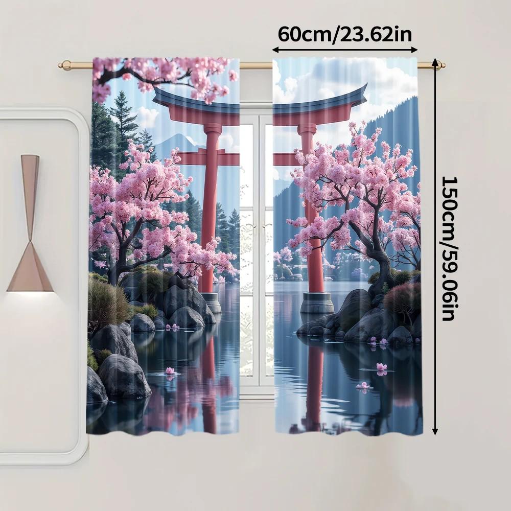 Set Of 2 Jit Cherry Blossom Pastoral Curtain Japanese Scenery Design Polyester Spring Window Decor Home With Light Blocking