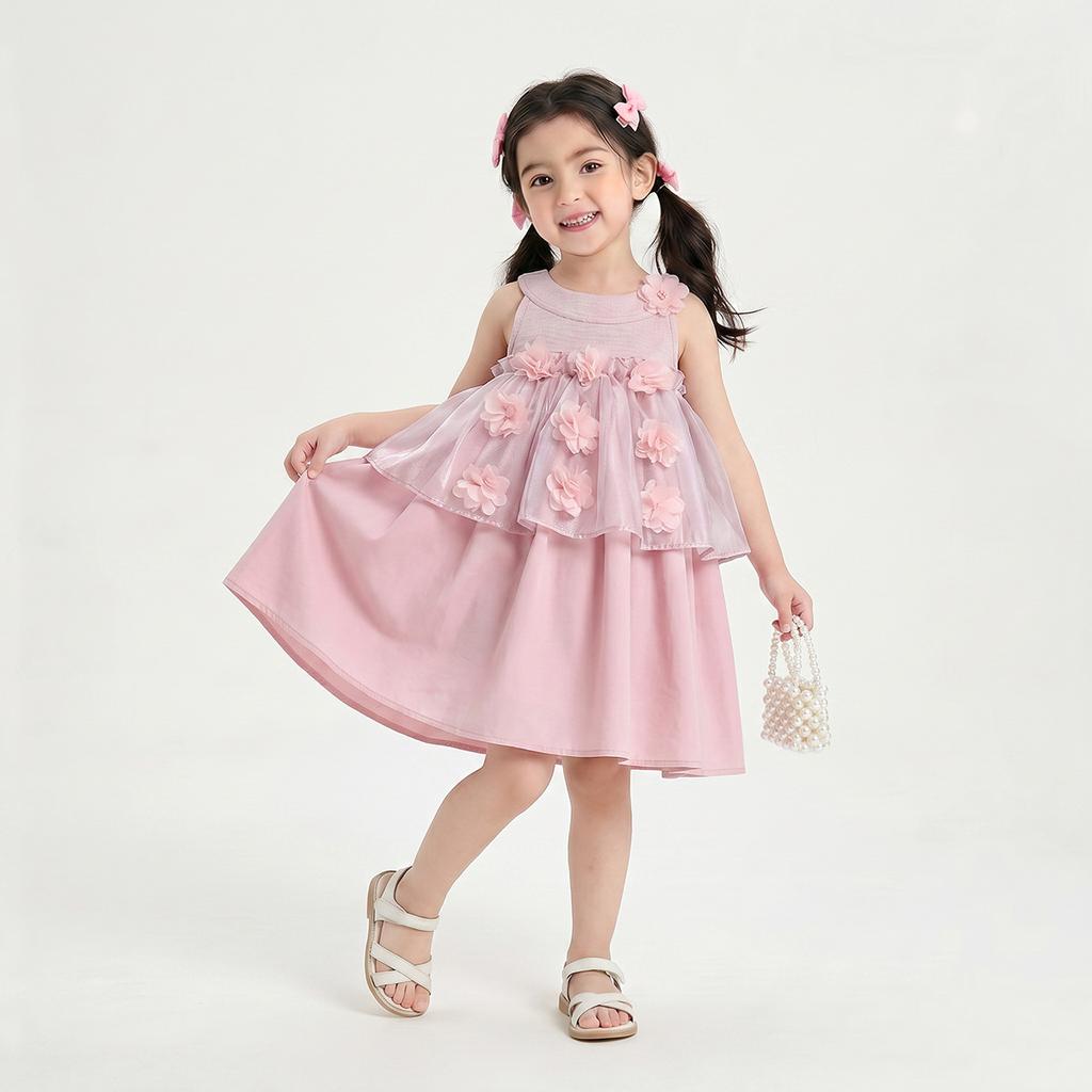 Summer Girls Dress 3D Flower Tulle Vest Princess Dress Kids Fashion Sleeveless Party Gown For Children