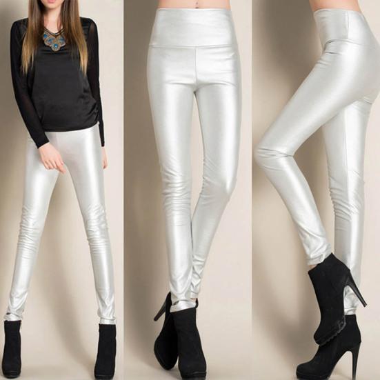 Women Sexy Solid Color Faux Leather Leggings High Waist Ultra Thin Pencil Pants