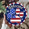 2D Flat Welcome 4th of July Dog Cat Paw Prints Aluminum Sign, Patriotic America Aluminum Sign Door Hanger Outdoor/Indoor Decor, for Home, Office