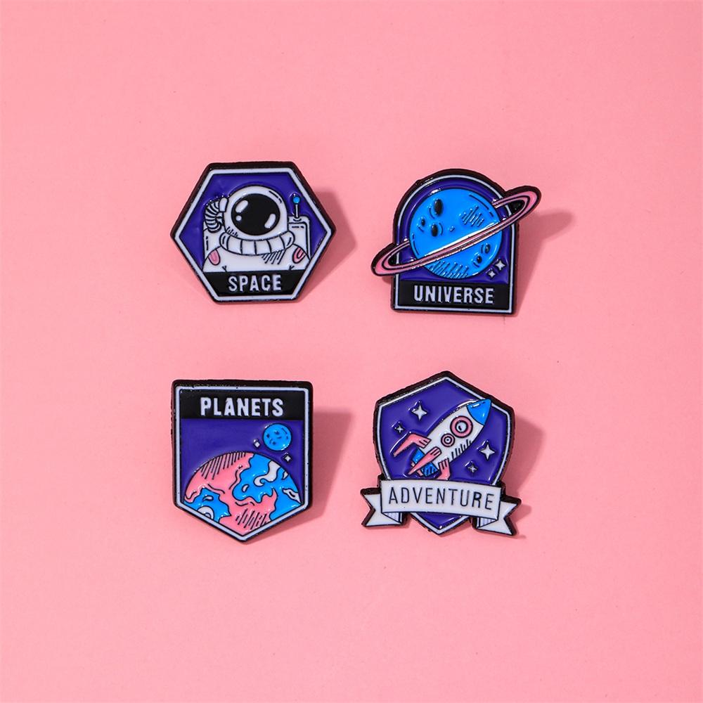 4 Styles Funny Space Adventure Universe Planets Design Enamel Brooches Spaceman Astronaut Rocket Earth Metal Pins