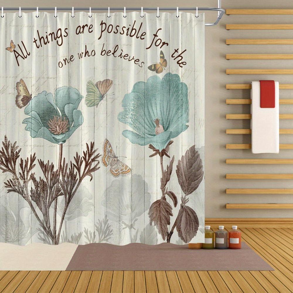 

1pc Vintage Teal Poppy & Butterfly Curtain, Birds & Quote, Polyester, 70x70 Inch, 12 Hooks, Nature-Inspired Bath Accessory W90xH180cm