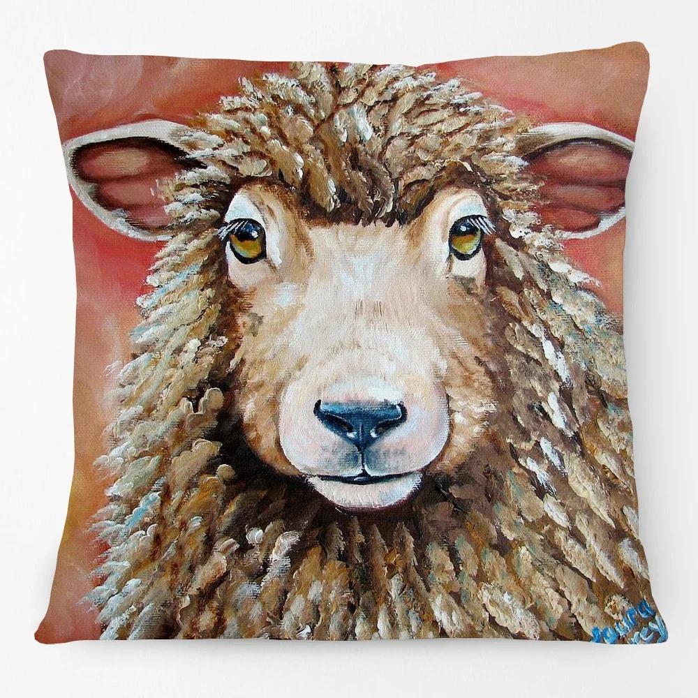 Oil Painting Farm Animals Poster Cushion Cover Cow Sheep Goat Rustic Style Home Decorative Square Pillow Case