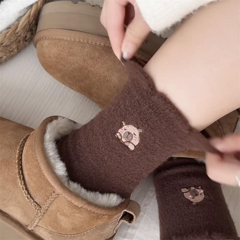 Female Autumn and Winter Thickened Warm Cartoon Embroidery Home Floor In The Tube Socks