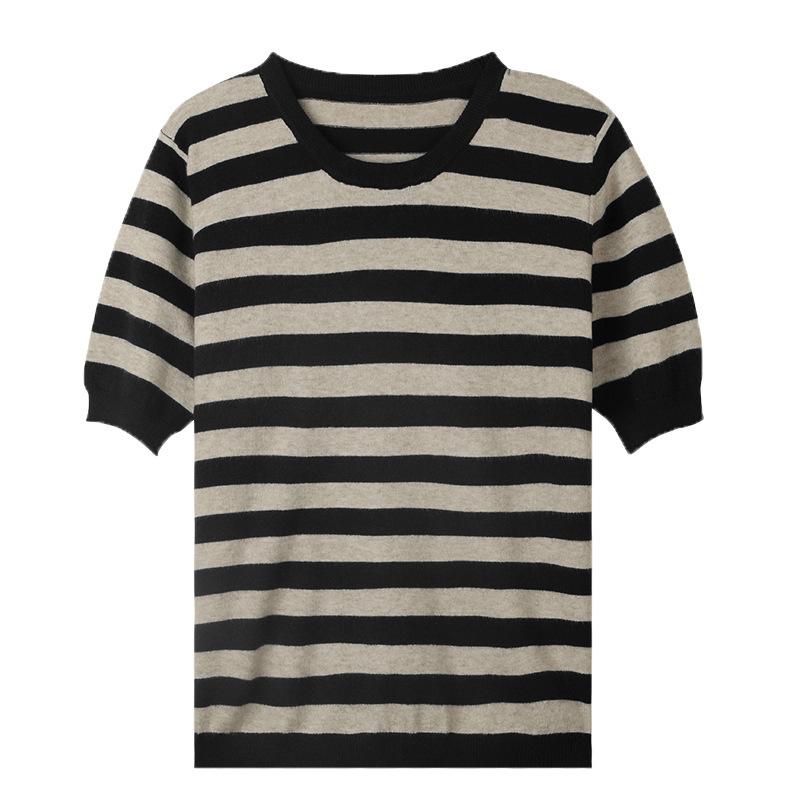 IHUASU Women's Colour Blocking Striped Knitwear Summer O-neck T-shirt Loose Casual Knit Short-sleeve Peplum Half-sleeve Tops