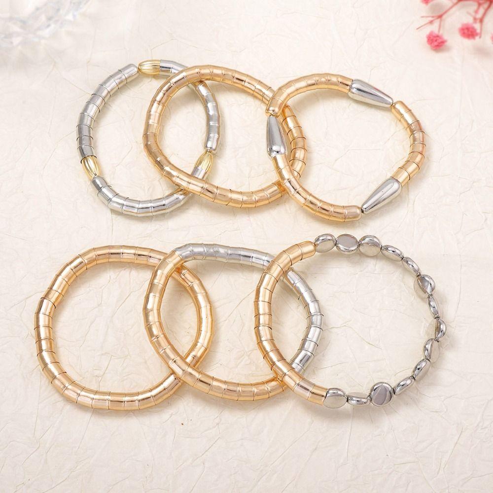 Layered Beads Necklace Bracelet Set Metal Chain Elastic Bracelet Bohemian Collarbone Chain  Girls