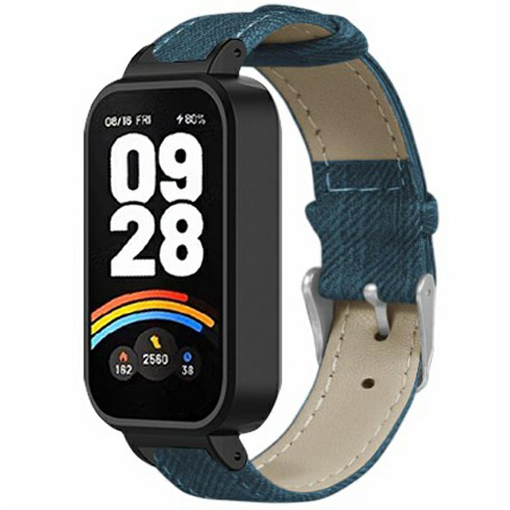 

For Xiaomi Redmi Band 3/Smart Band 9 Active Replacement Strap with PC Case Denim Texture Leather Watch Band Blue