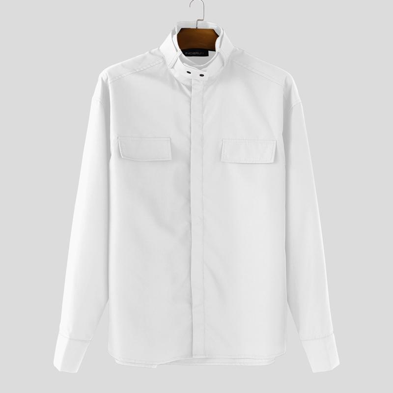 INCERUN S-5XL Men Casual Stand Neck Long Sleeve Loose Cargo Shirts Tops