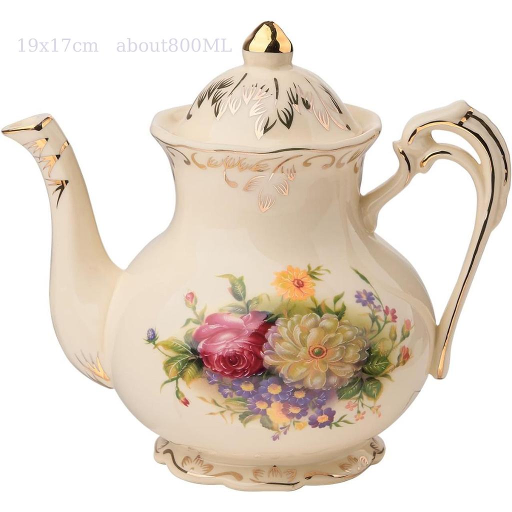 Vintage Rose Ceramic Teapot 800ml, Floral Teapot with Gold Leaf Rim for Loose Tea, Ivory Elegant Tea Pot, Gift for Tea Lovers