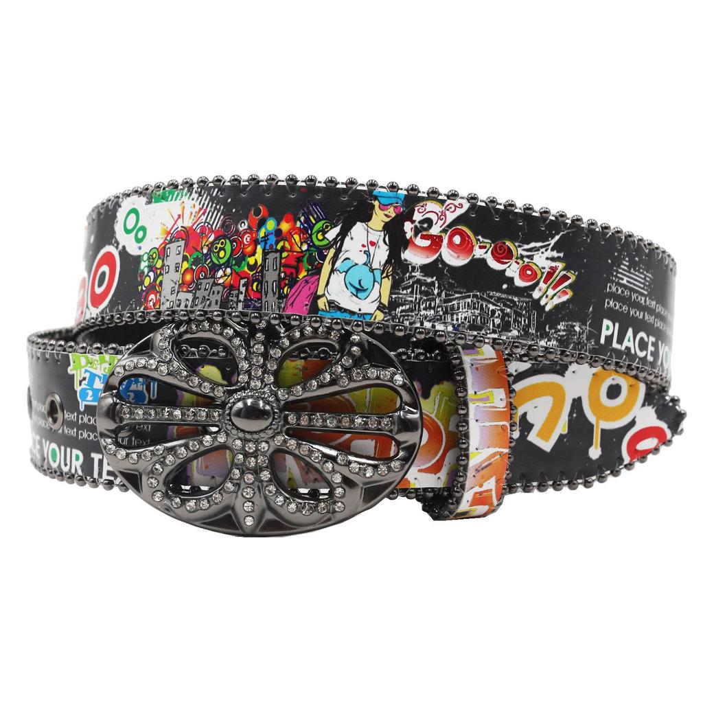 Croatian Rhinestone Graffiti Leather Y2K Belt: Versatile European & American Style