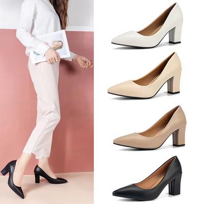 Fashion Single Shoes Women's Thick Heel Autumn New Pointed Work Shoes Shallow Mouth Pedal Korean Version of High Heel Simple
