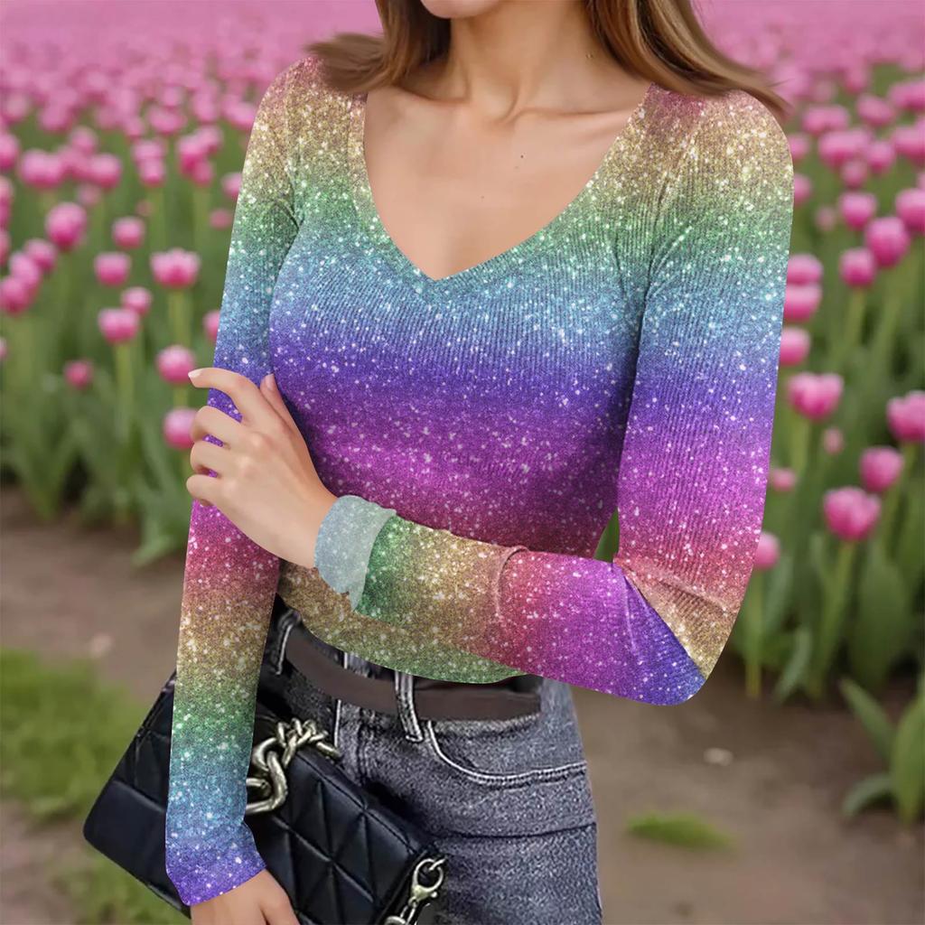 Women's Winter Slim-Fit Base Layer T-Shirt Fashionable Print V-Neck Pullover Long-Sleeved Top