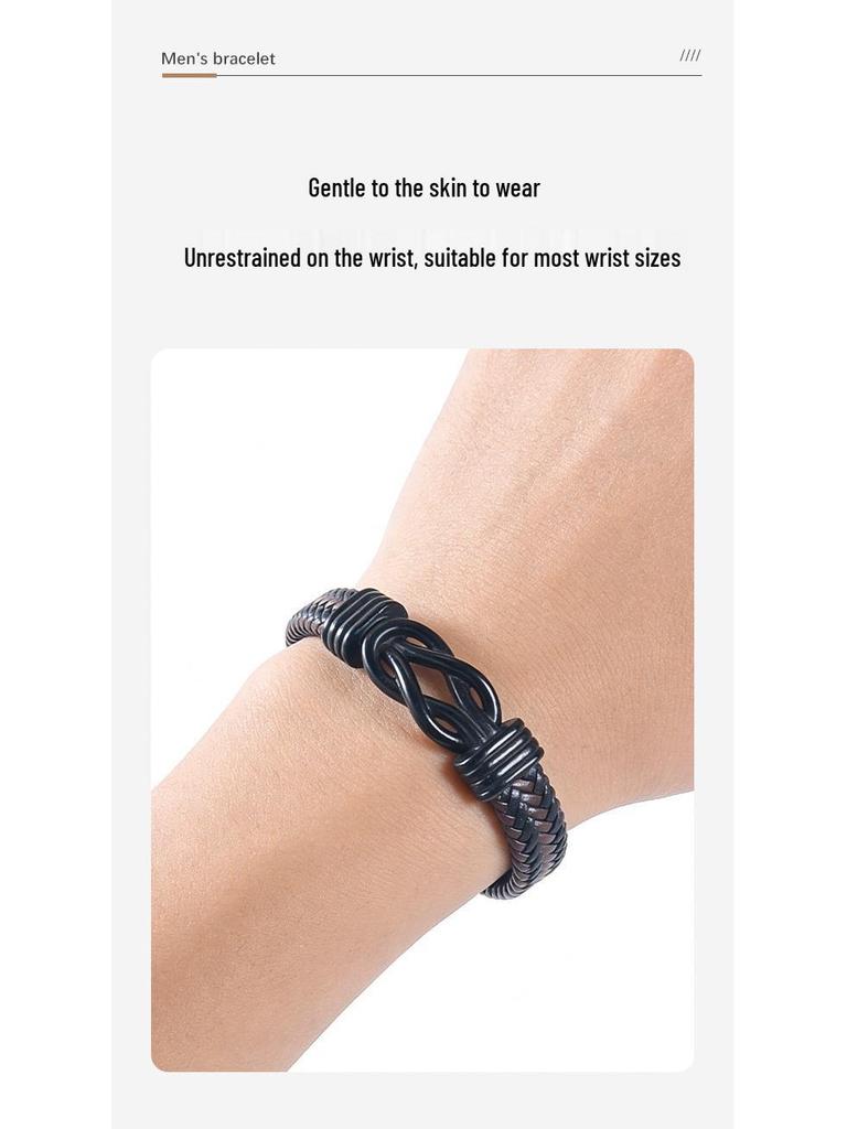 Men's Magnetic Black Twist Stainless Steel and Woven Leather Bracelet
