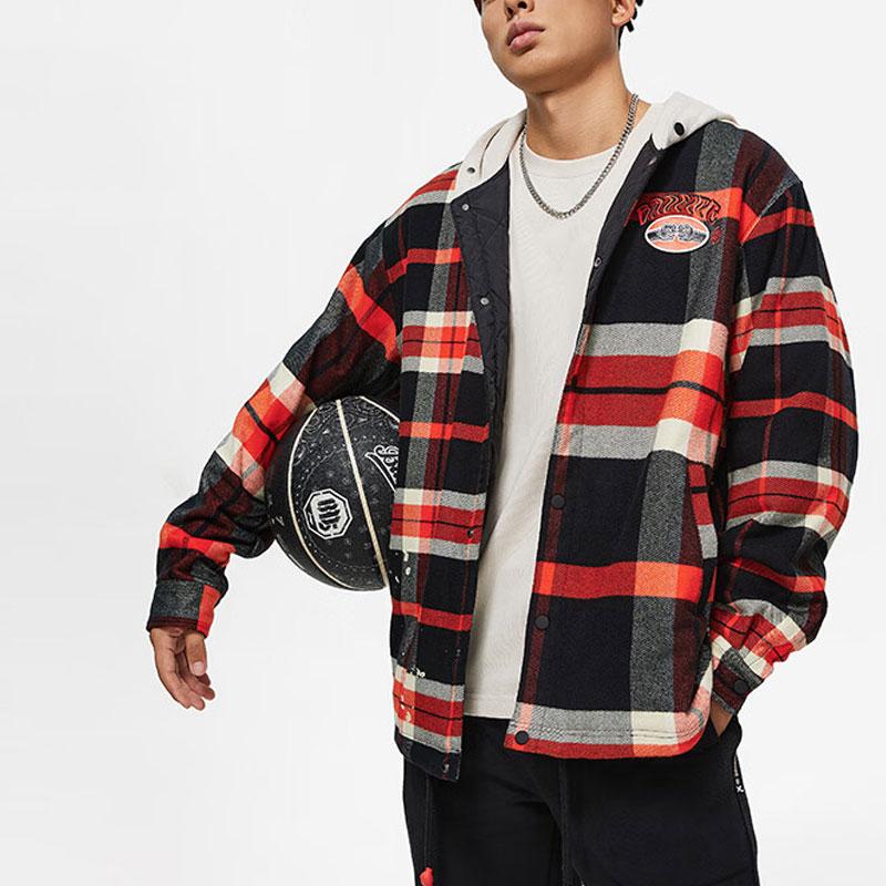 Li Ning Badfive Color Block Plaid Hooded Sports Cotton Jacket Men Jacket Red Black AFMU003-1