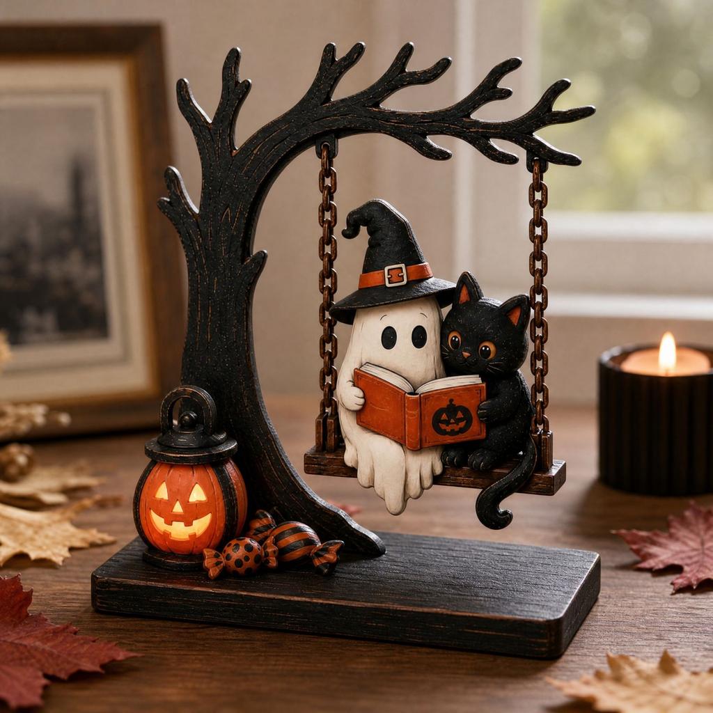 Halloween Wooden Reading Bookshelf Decoration Desktop Tabletop Ornament for Holiday Home Decor
