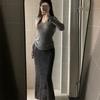 Elegant Mink Hair V-neck Sweater & Midi Skirt Set for Women - Autumn/Spring Slimming Ensemble