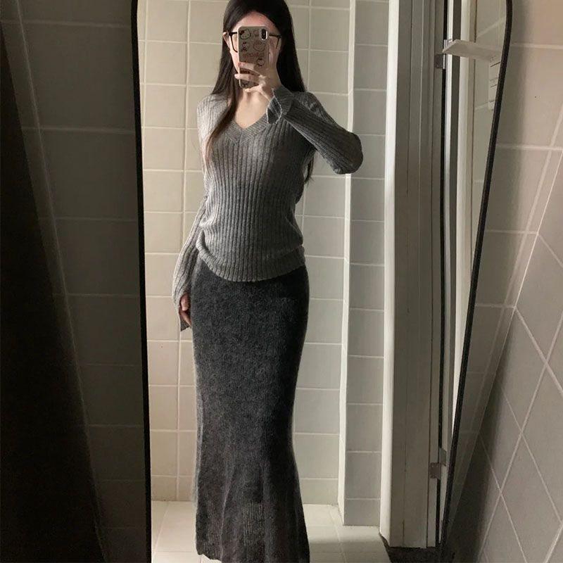 Elegant Mink Hair V-neck Sweater & Midi Skirt Set for Women - Autumn/Spring Slimming Ensemble
