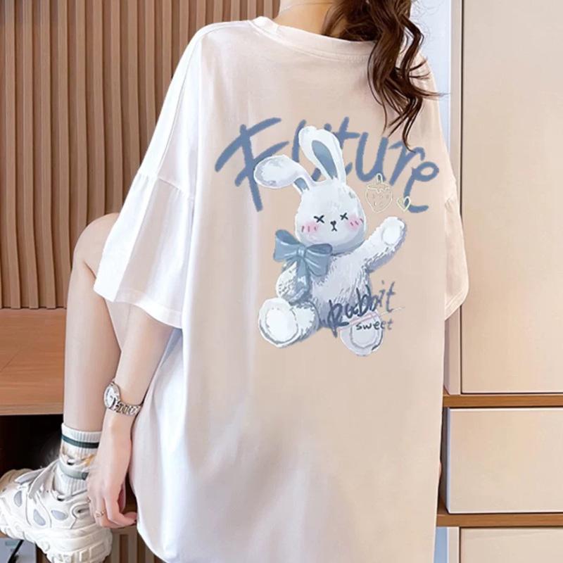 

Футболки большого размера из чистого хлопка для женщин, летние милые мультяшные принты в стиле хип-хоп, повседневные футболки в стиле Харадзюку, свободные топы с коротким рукавом y2k 3XL белый