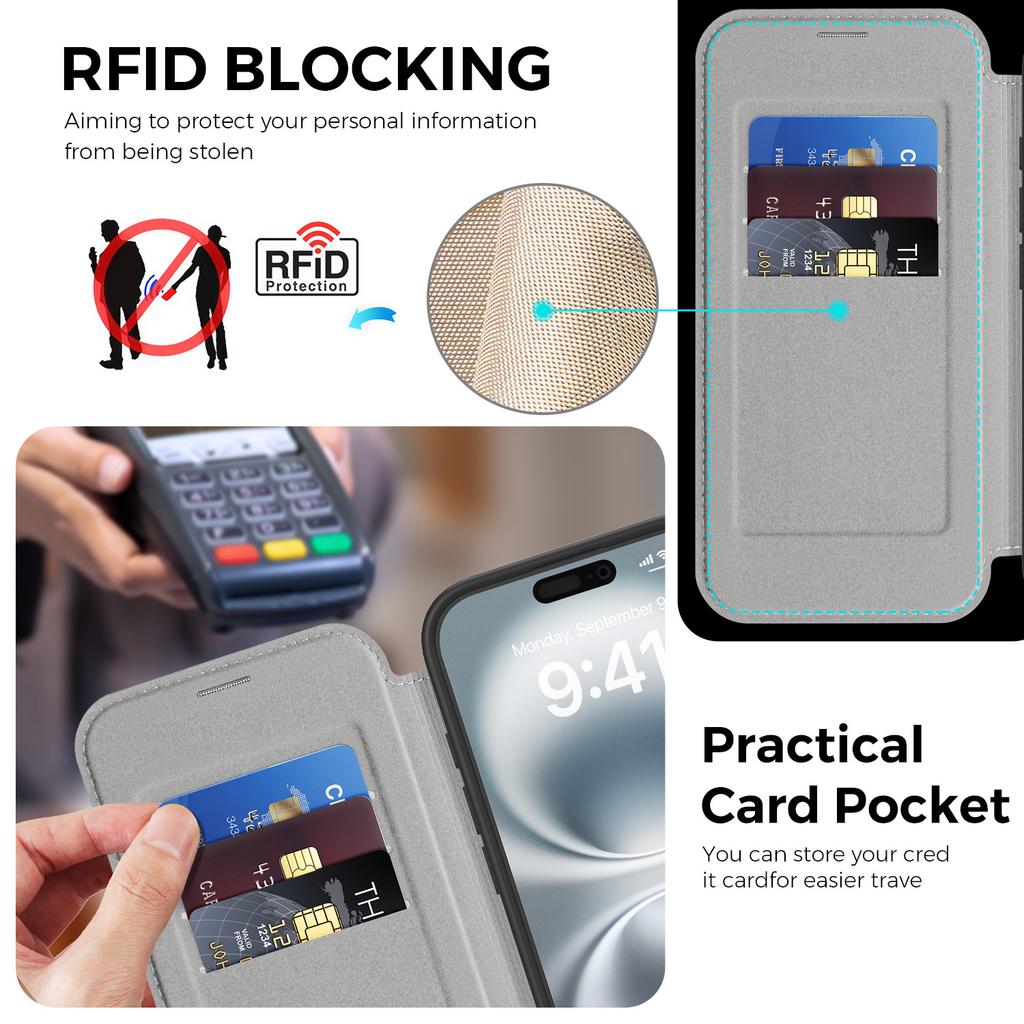 For iPhone 16 Case Compatible with MagSafe RFID Blocking Leather Wallet Cover with Rotating Ring Kickstand