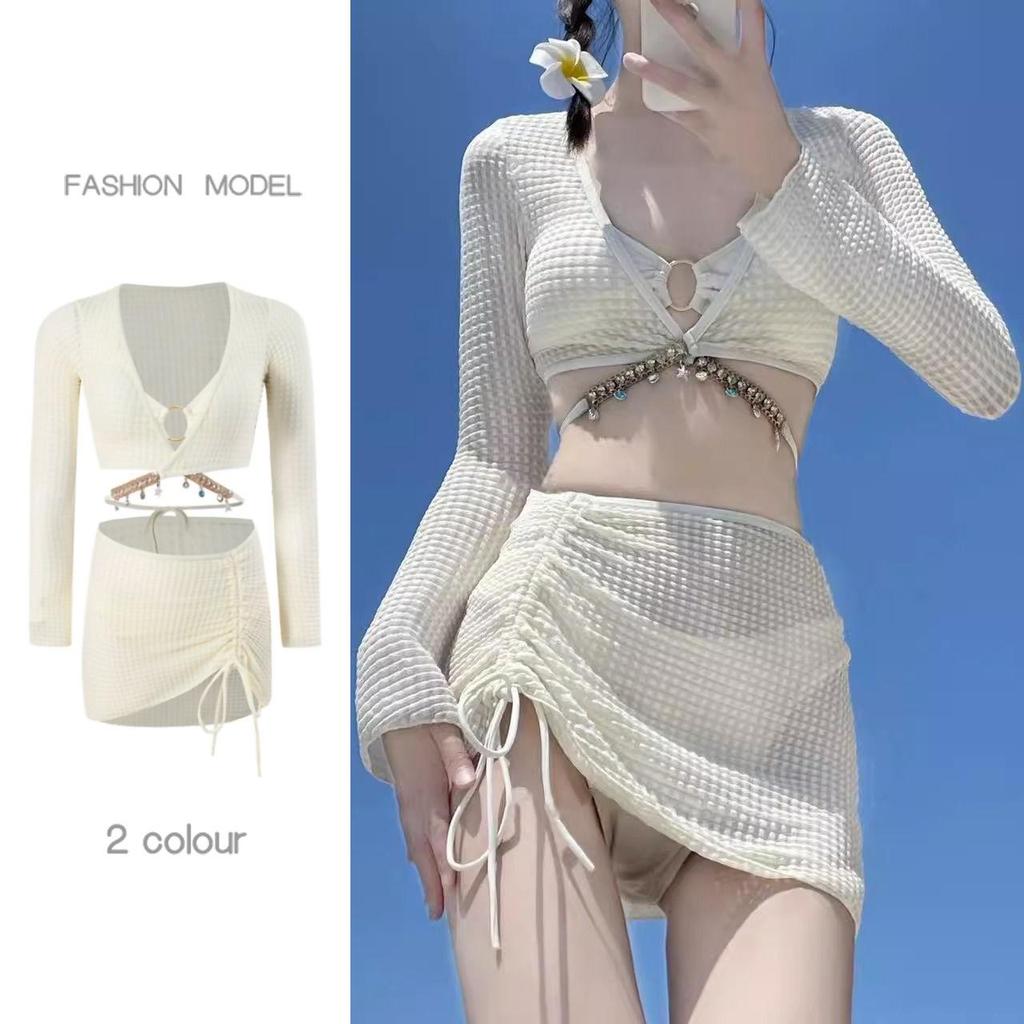 2024 Four-Piece Sexy Bikini Set: Long Sleeve, Slim Fit for Small Chest - Perfect for a Seaside Vacation