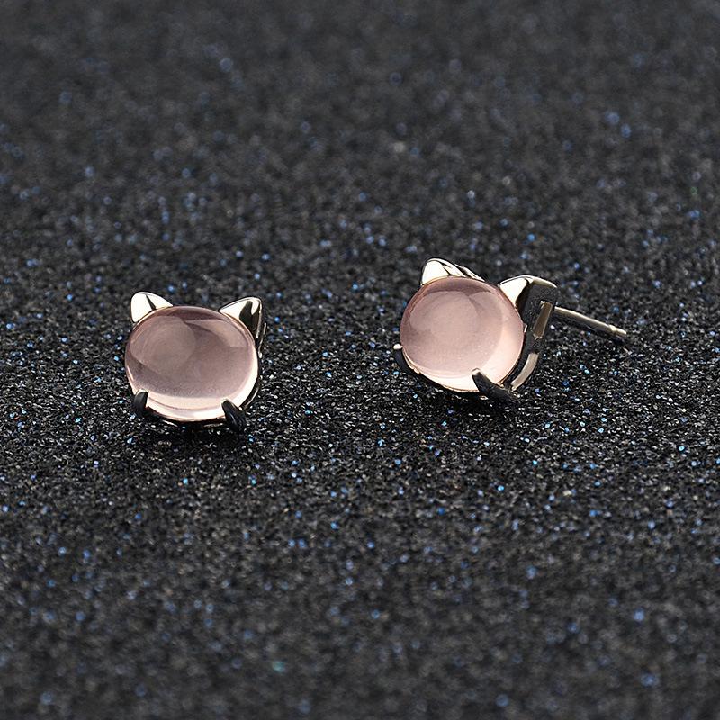 Weihua Fashion Women's Rose Quartz Cat Ear Earrings with Hibiscus Stone