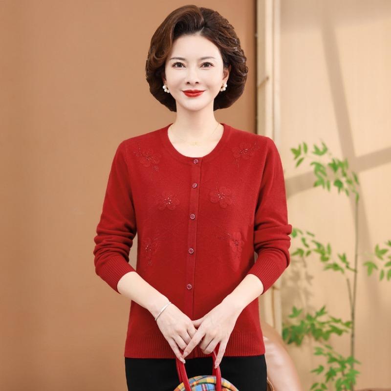 Thin Chinese women's outer shirt middle-aged and elderly women's spring and autumn knitted sweater cardigan mother jacket long-sleeved top