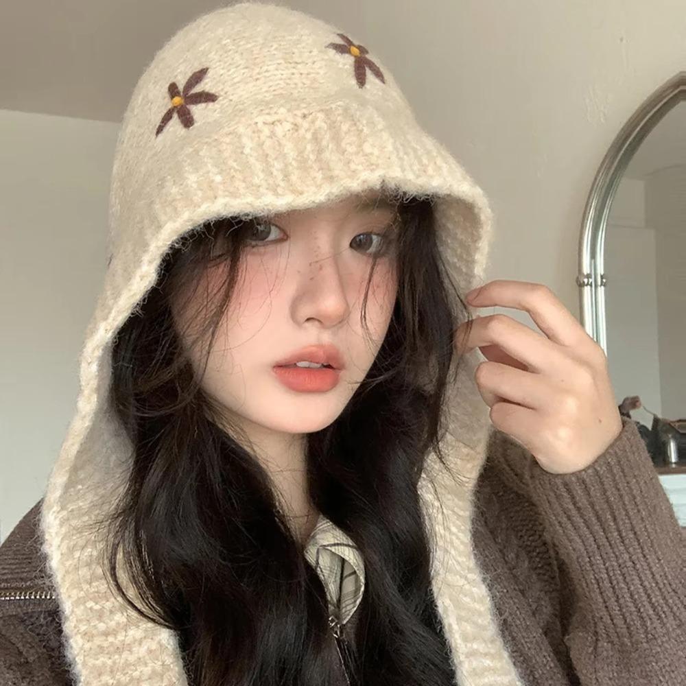 

Sweet Knitted Balaclava Hat Embroidered Flowers Keep Warm Neck Collar Beanies Cap Neck Protector Polyester Pullover Cap Girls