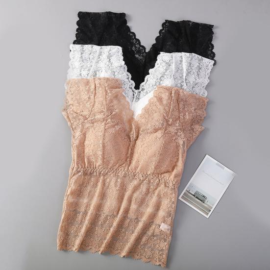 Women Lace Top Mesh Sheer Short Sleeve V Neck Undershirt with Padded Bra Floral
