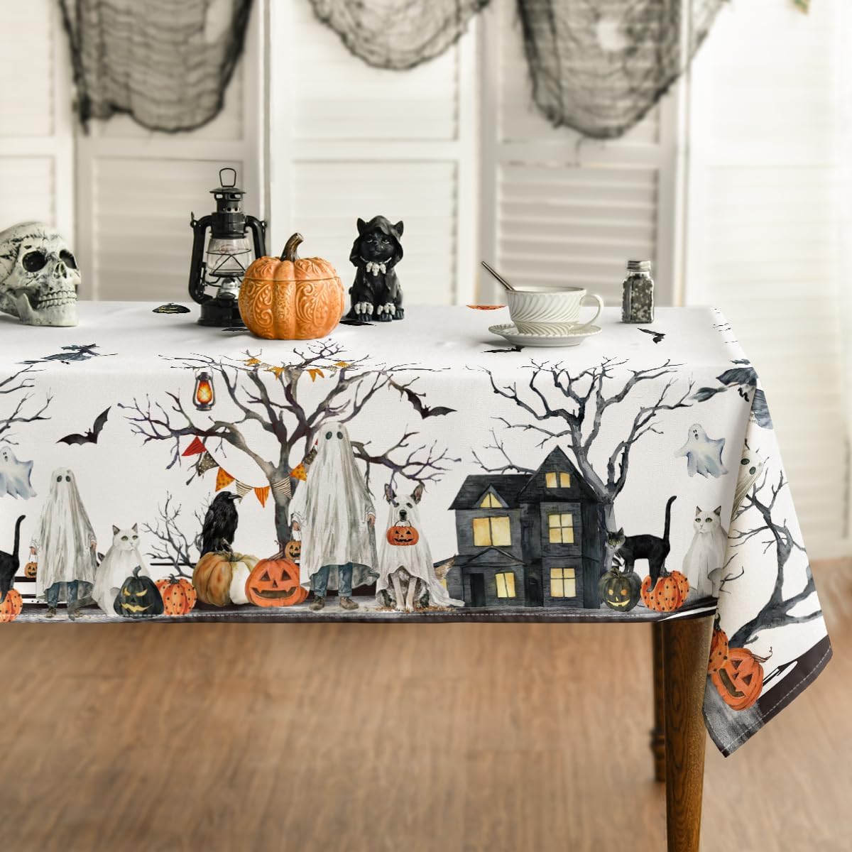 Halloween Lantaarn Pompoen Spinnenweb Geest Hond Stof Tafelkleed Tafel Decoratie Waterdicht Tafelkleed voor Tafel Eetkamer Decoratie 140x140cm