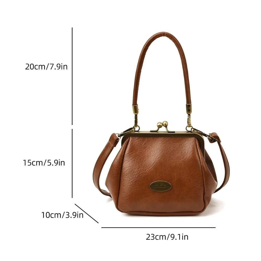 Vintage Kiss Lock Crossbody Bag PU Leather Solid Color Small Handbag Large Capacity Shoulder Bag