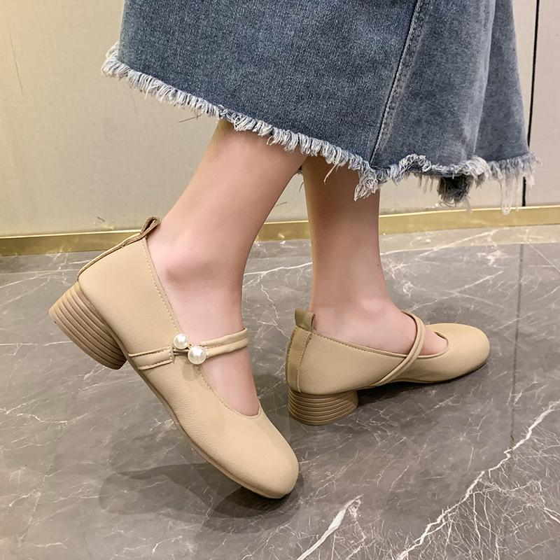 Mary Jane shoes women's summer 2025 new pearl buckle gentle evening shoes light mouth thick heel soft sole single shoes women