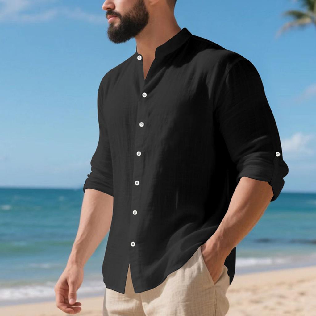 Men's Linen Button-down Shirt, Beach Shirt, Long-sleeved Plain-colored Stand-up Collar, Spring Casual Everyday Wear