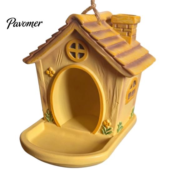 Wild Bird Feeder for Garden House Shape Hanging Outdoor Decor, Weatherproof Resin Ornament Lovers with Large Capacity Tray & Hemp Rope Yard