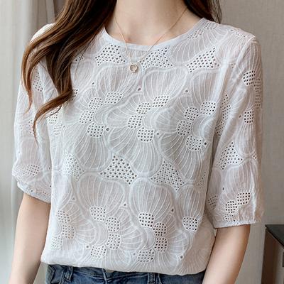 Fashion Summer Short Sleeve Hollow Blue White Blouse Shirt Women Tops J269