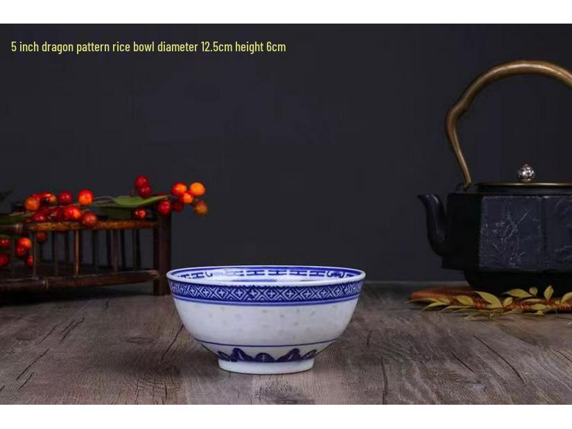 Niebiesko-biały porcelanowy zestaw miseczek Linglong w stylu retro (4-10 cali) – Idealny do ryżu, zupy lub makaronu.