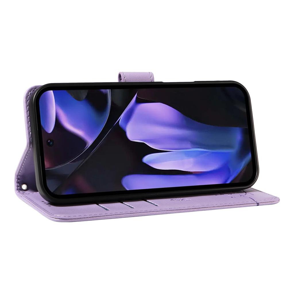 For Google Pixel 9a Lommebokdeksel Kattemønster Pregnet Lær Telefondeksel med Håndleddsstropp