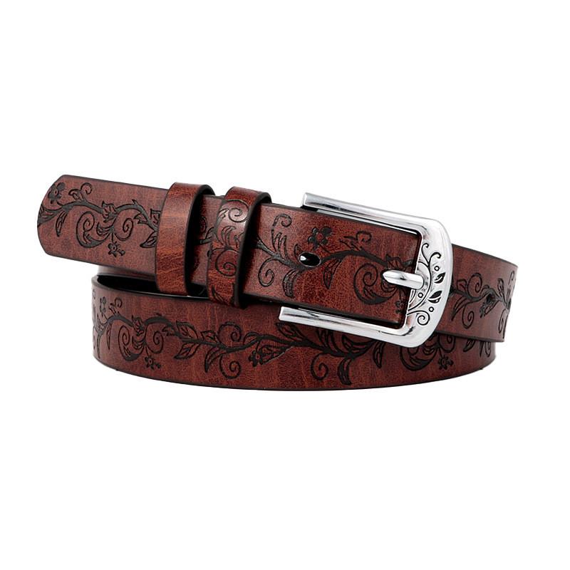 Leather Inspired Boho Belt With Embossed Design And Silver Buckle For Womens