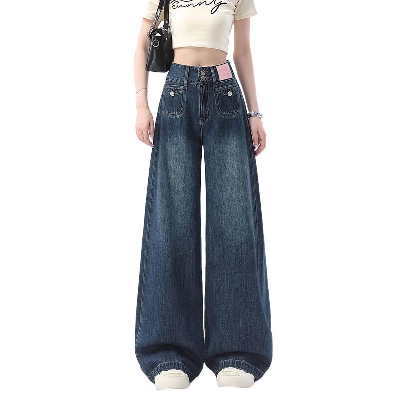 Izzue IT Retro High-Waist Weite Schlagjeans mit zwei Knöpfen