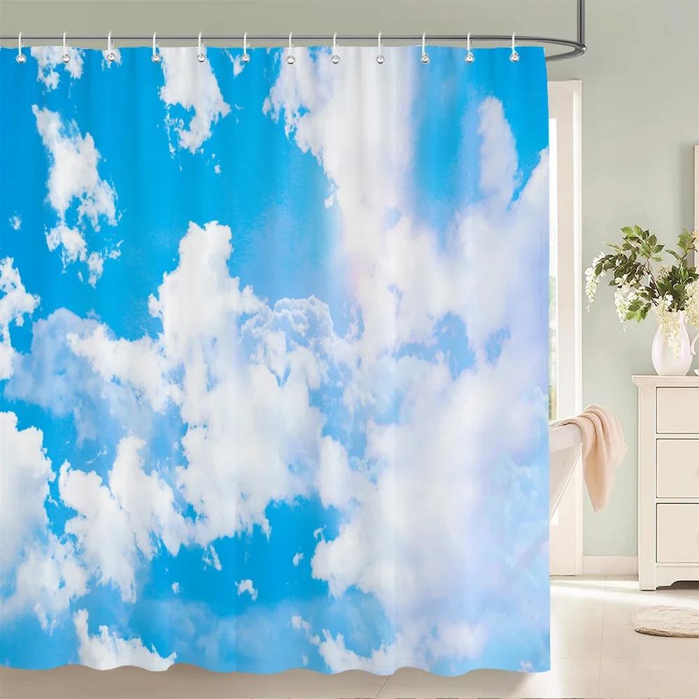 Blauer Himmel Wolken Landschaft Duschvorhang Wasserdichter Badezimmervorhang Mit Haken Badezimmer Vorhänge Stoff 3D Gedruckt 180*200cm Vorhang