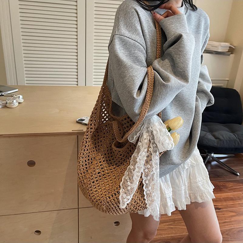 Yogodlns Women Crochet Tote Bag Fashion Knitted Large Capacity Woven Shoulder Bags Solid Color Simple Shopping Bag for Summer Beach