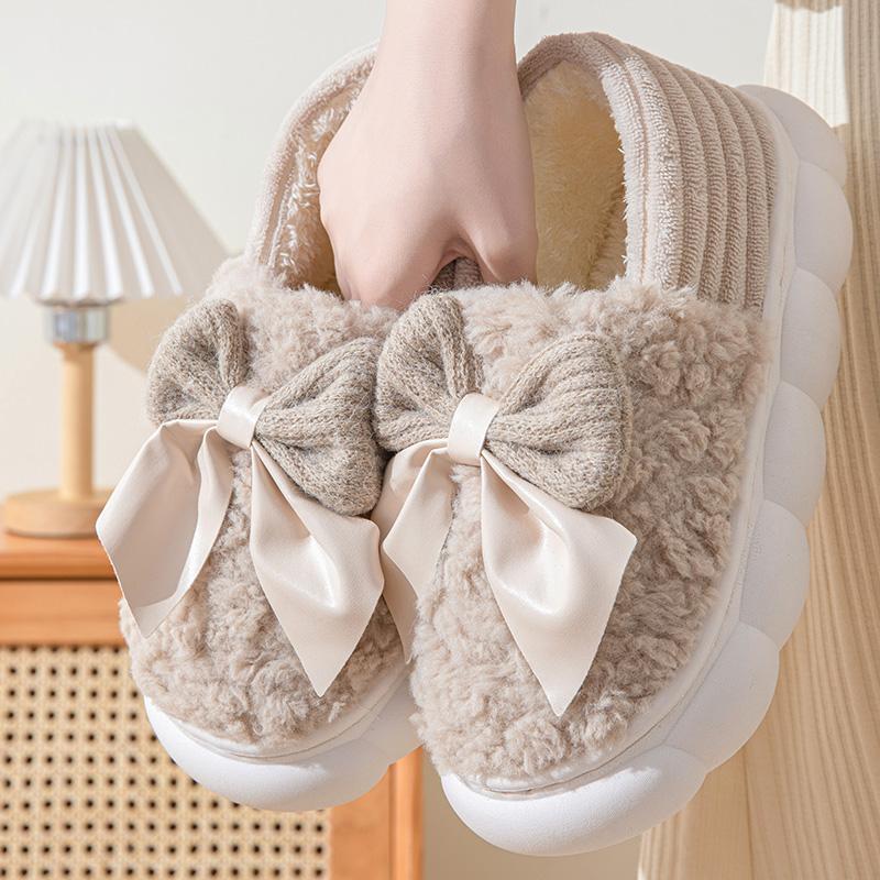 Cotton Slippers for Women Autumn and Winter Thick Sole Indoor Home Warm Couples Shoes Bow Non-Slip Flat Platform Women's Slipper