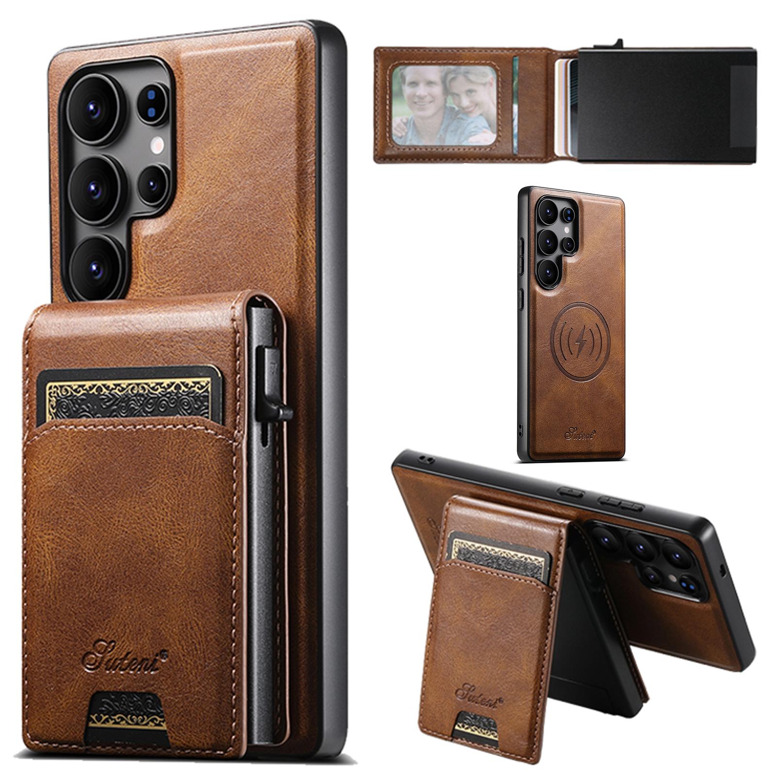 

For Samsung Galaxy S24 Ultra Magnetic Case Waxy Texture Card Slots Leather Back Phone Cover Brown