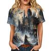 Women's Casual Short Sleeve Linen Cotton Blend Henley Shirt with Chest Pocket Halloween Themed Graphic Print